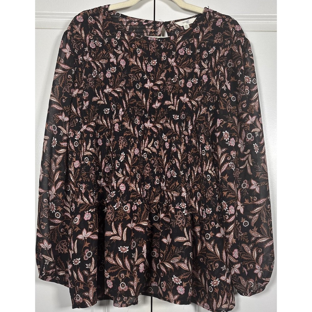 Terra & Sky Womens Smocked Blouse Top Brown Balloon Sleeve Floral Peasant 14W